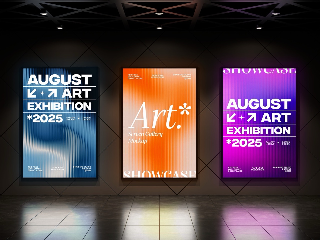 Three large illuminated posters on a gallery wall: blue poster with 'AUGUST ART EXHIBITION 2025' on the left, orange 'Art. Screen Gallery Mockup' in the center, purple poster with 'AUGUST ART EXHIBITION 2025' on the right, all glowing against a dark geometric wall.